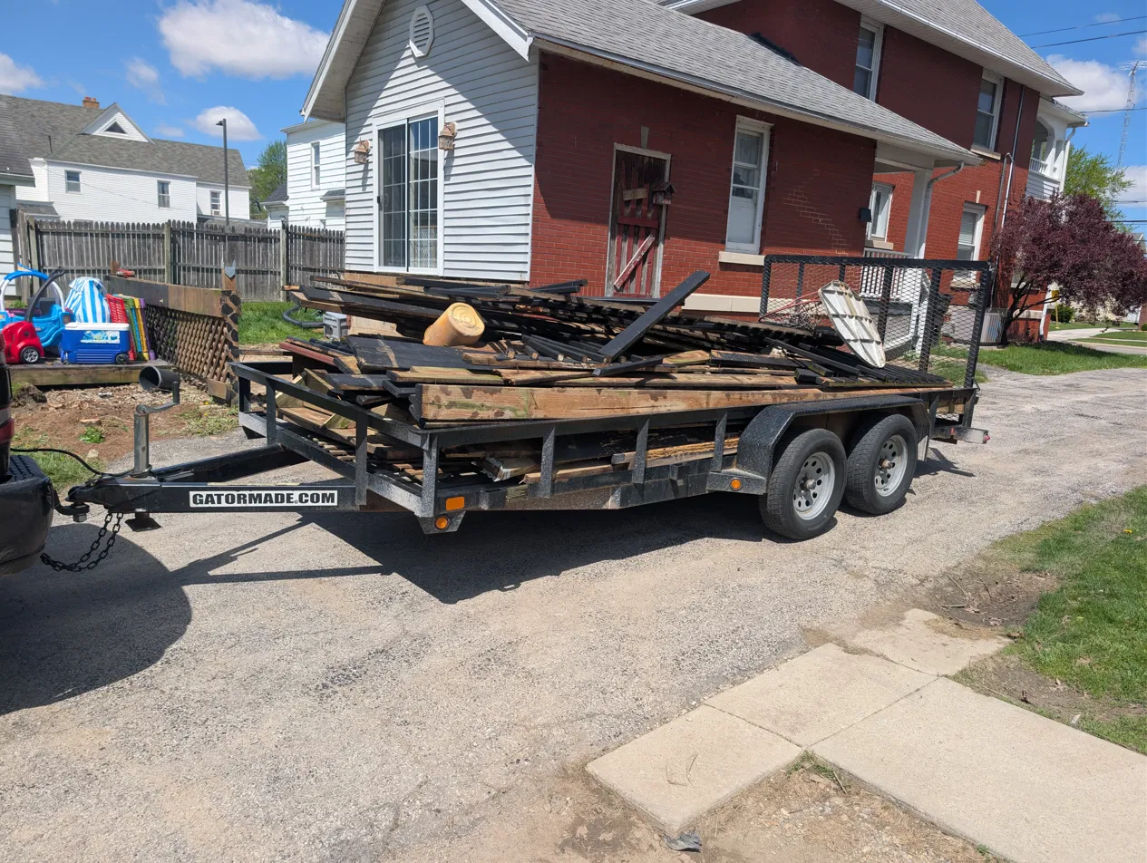 Trailer loaded with torn-down deck lumber in Findlay